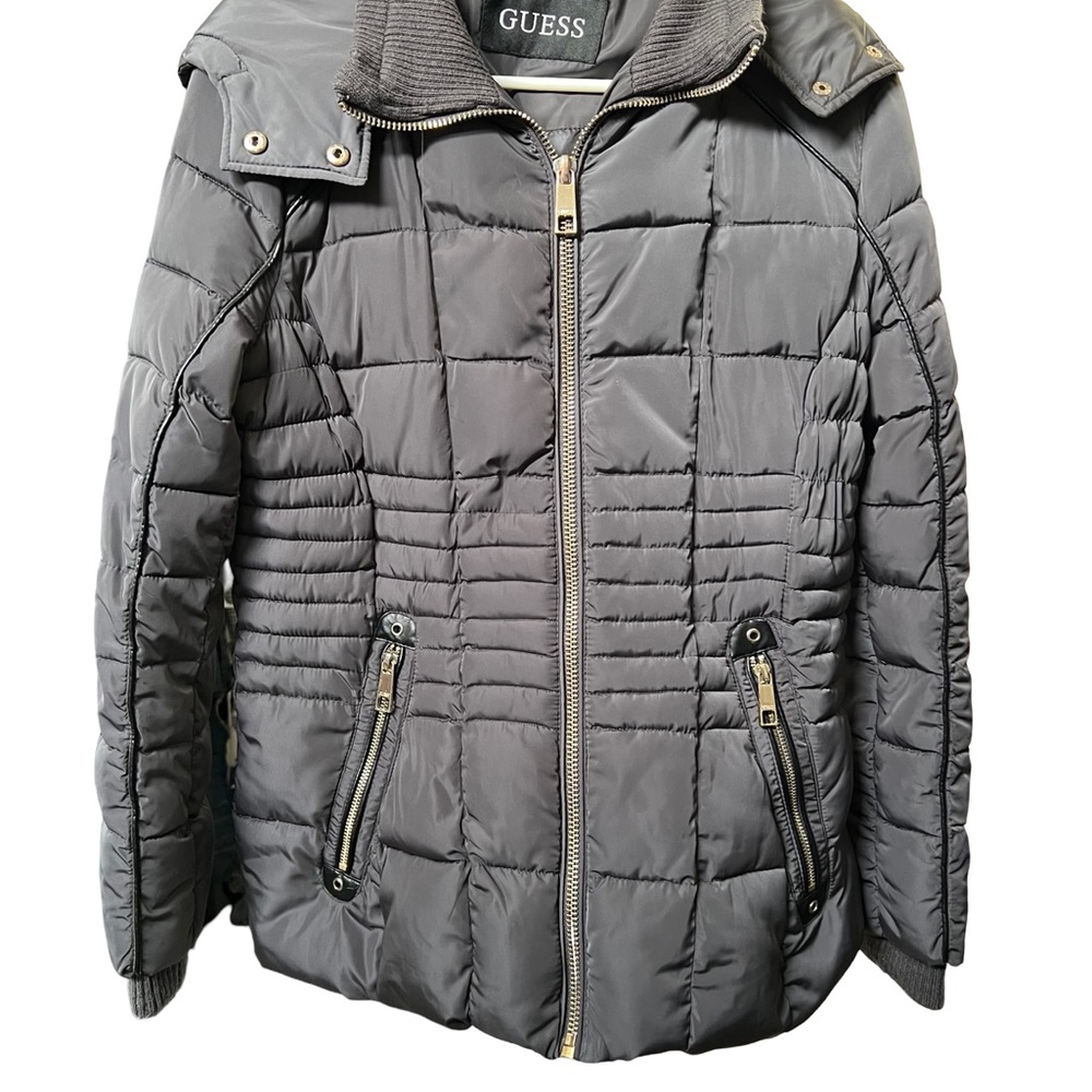 Guess EUC Dark Gray/Black Puffer Jacket with hood & Gold Detailing size large